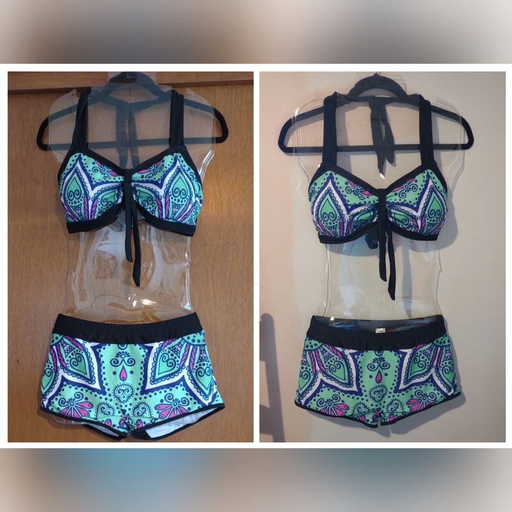 Lot of 2 Floral & Heart Women Push Up Halter Boy Shorts Bikini 2 PC Set Swimsuit